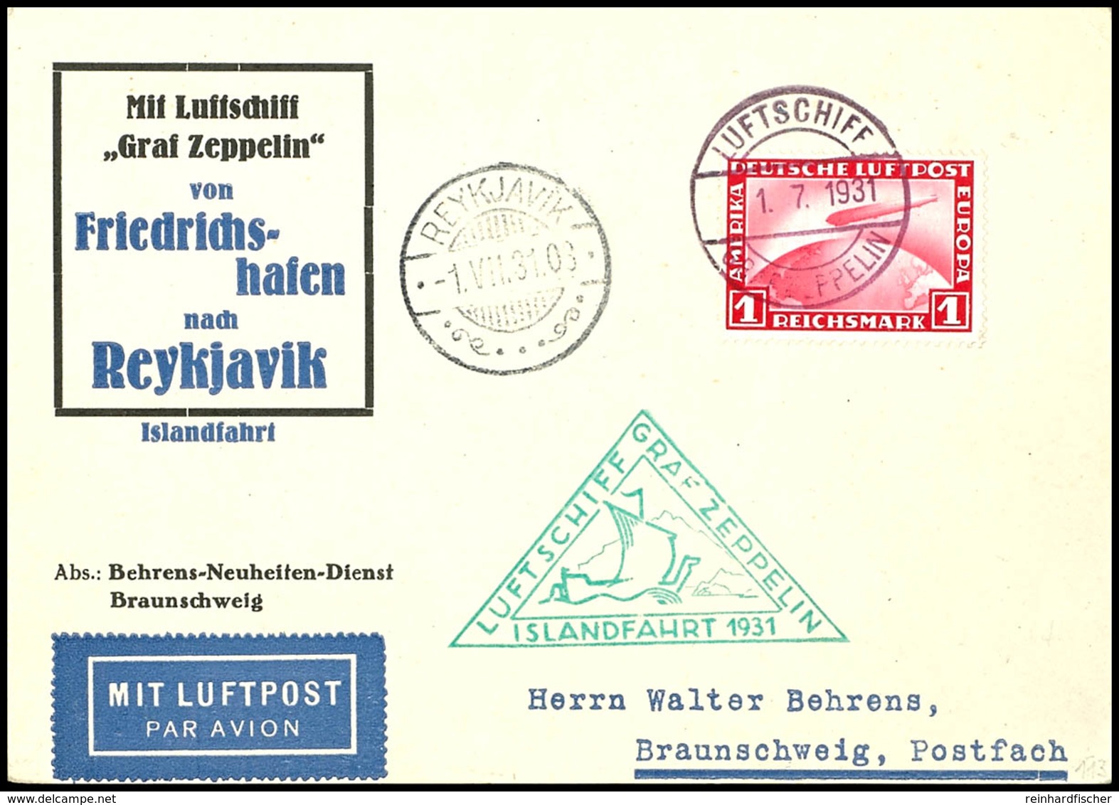 3146 1931, Islandfahrt, Deutsches Post Mit Bordpost Der Hinfahrt, Karte Mit 1 M. Sondermarke Und Bordpoststempel Vom 1.7 - Andere & Zonder Classificatie