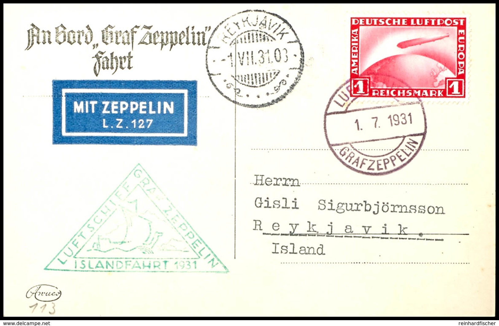 3147 1930, Islandfahrt, Bordpost, Fotokarte Mit 1 RM. Zeppelin Vom LUFTSCHIFF GRAF ZEPPELIN 1.7.1931 Nach Reykjavik Mit  - Other & Unclassified