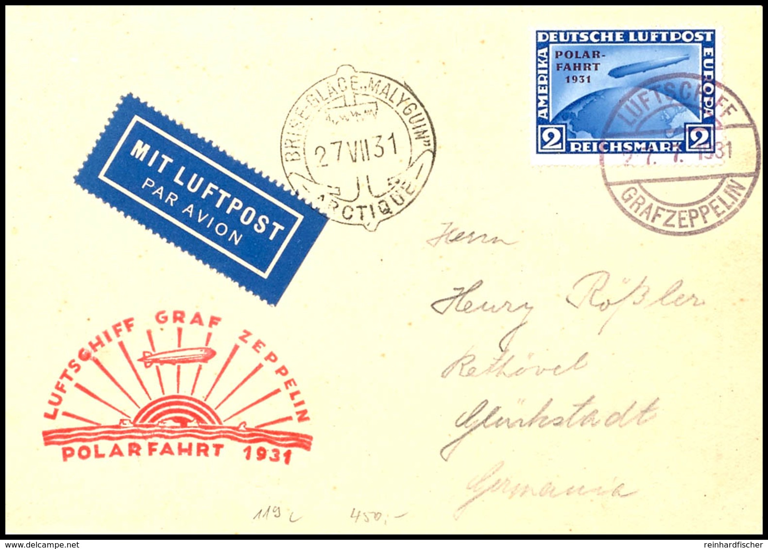 3149 1931, Polarfahrt, Bordpost Nach Malyguin, Karte Mit 2 RM. Polarfahrt Gestempelt LUFTSCHIFF GRAF ZEPPELIN 27.7.1931  - Other & Unclassified