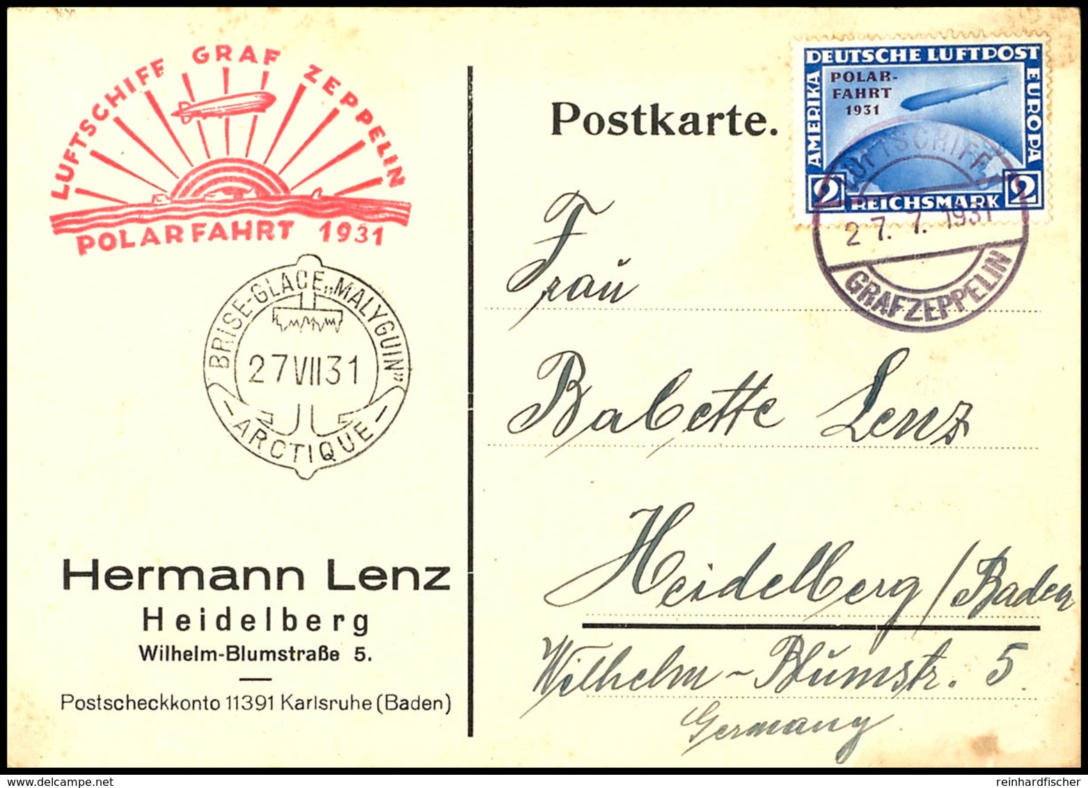 3150 Polarfahrt 1931, Bordpost Bis Malygin, Karte Mit 2 Mark Polarfahrt Mit LUFTSCHIFF GRAF ZEPPELIN 27.7.1931 Nach Heid - Other & Unclassified