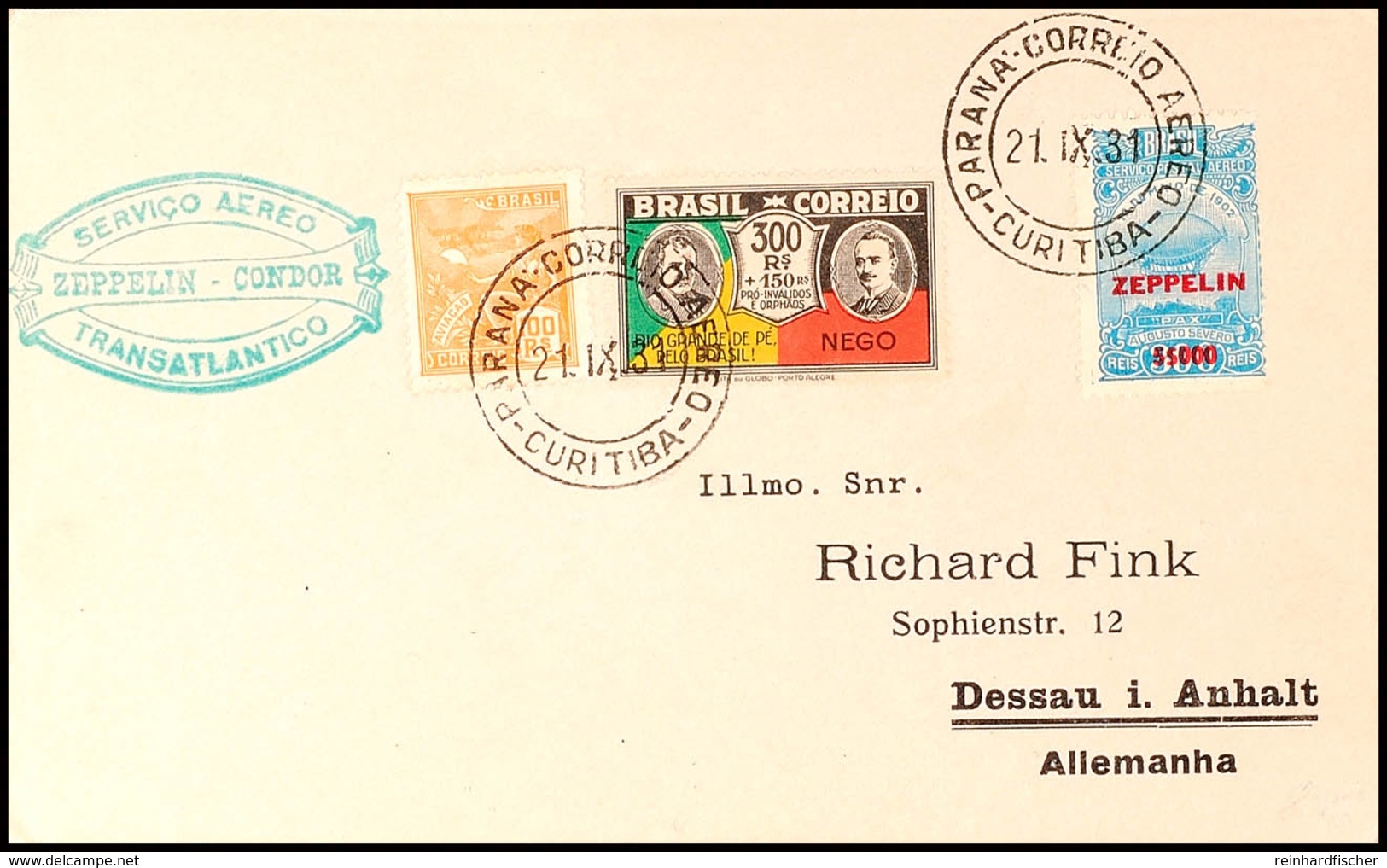 3153 1931, 2. SAF, Brasilianische Post, Mit U. A. Zeppelin-Sondermarke 5.000 Reis Frankierter Brief Nach Dessau, Schöner - Sonstige & Ohne Zuordnung