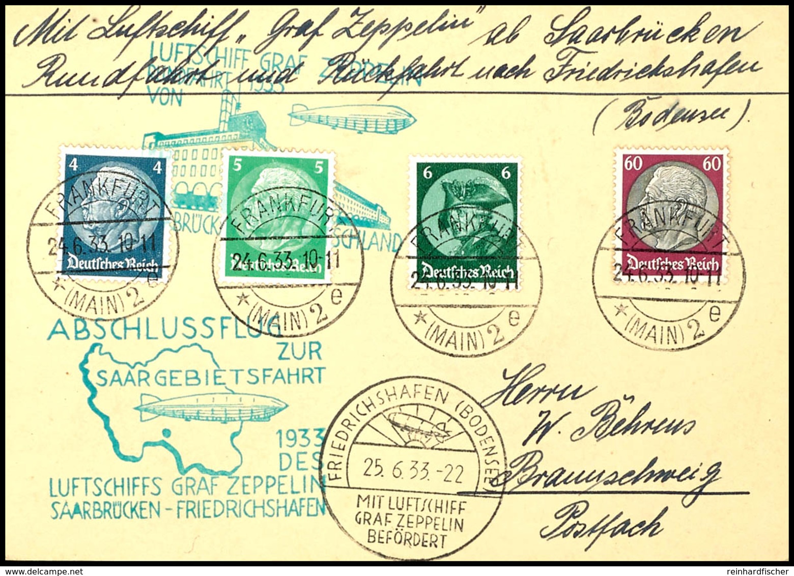 3156 1933, Saargebietfahrt, Auflieferung Frankfurt Mit Beiden Sonderbestätigungsstempeln, Karte Mit Bunter Frankatur, Ad - Andere & Zonder Classificatie