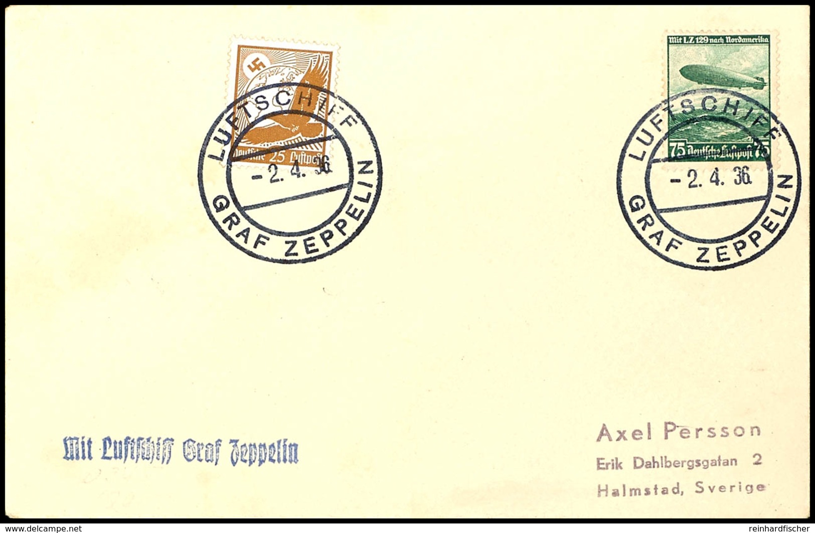 3158 1936, Probefahrt Mit Bordpoststempel Vom 2.4., Brief Mit 75 Pfg. Zeppelin Und 25 Pfg. Flugpost, Adressiert Nach Sch - Other & Unclassified