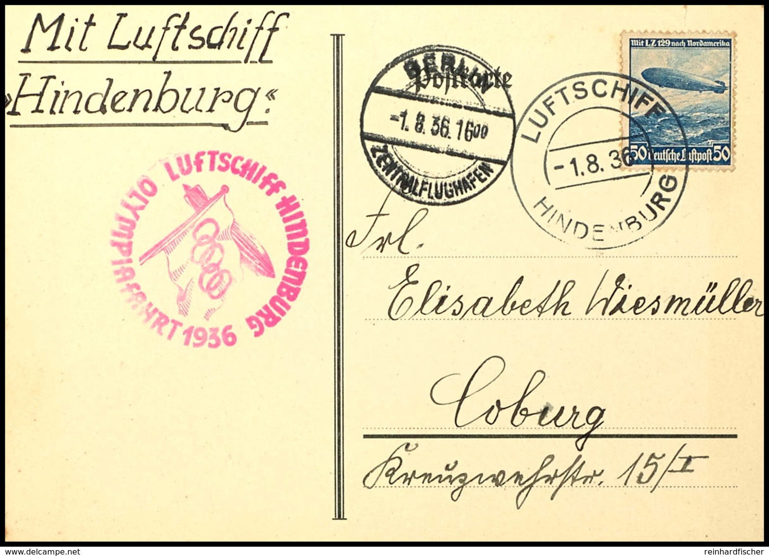 3160 1936, Olympiafahrt Mit Bordpost, Karte Mit 50 Pfg. Zeppelin Und Vorderseitigem Rohrpost-Ankunftsstempel "BERLIN-ZEN - Other & Unclassified