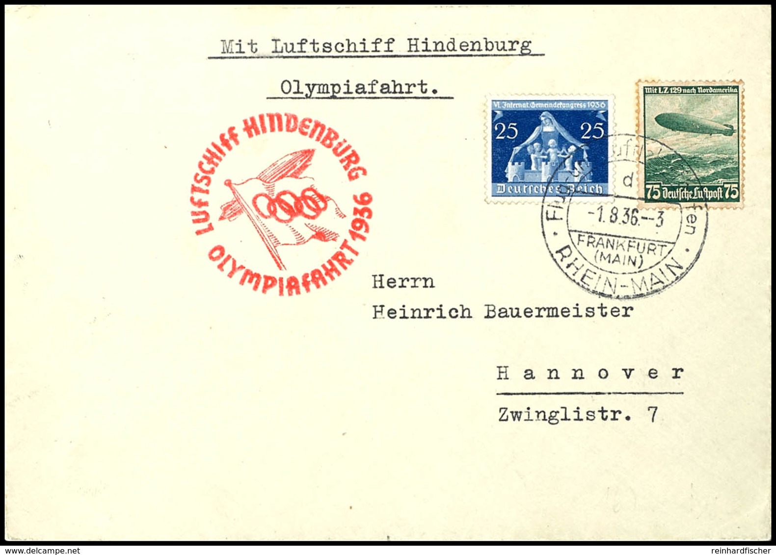 3161 1936, Olympiafahrt, Auflieferung Rhein-Main, Brief Mit Ziegelrotem Bestätigungsstempel, Adressiert Nach Hannover, P - Andere & Zonder Classificatie