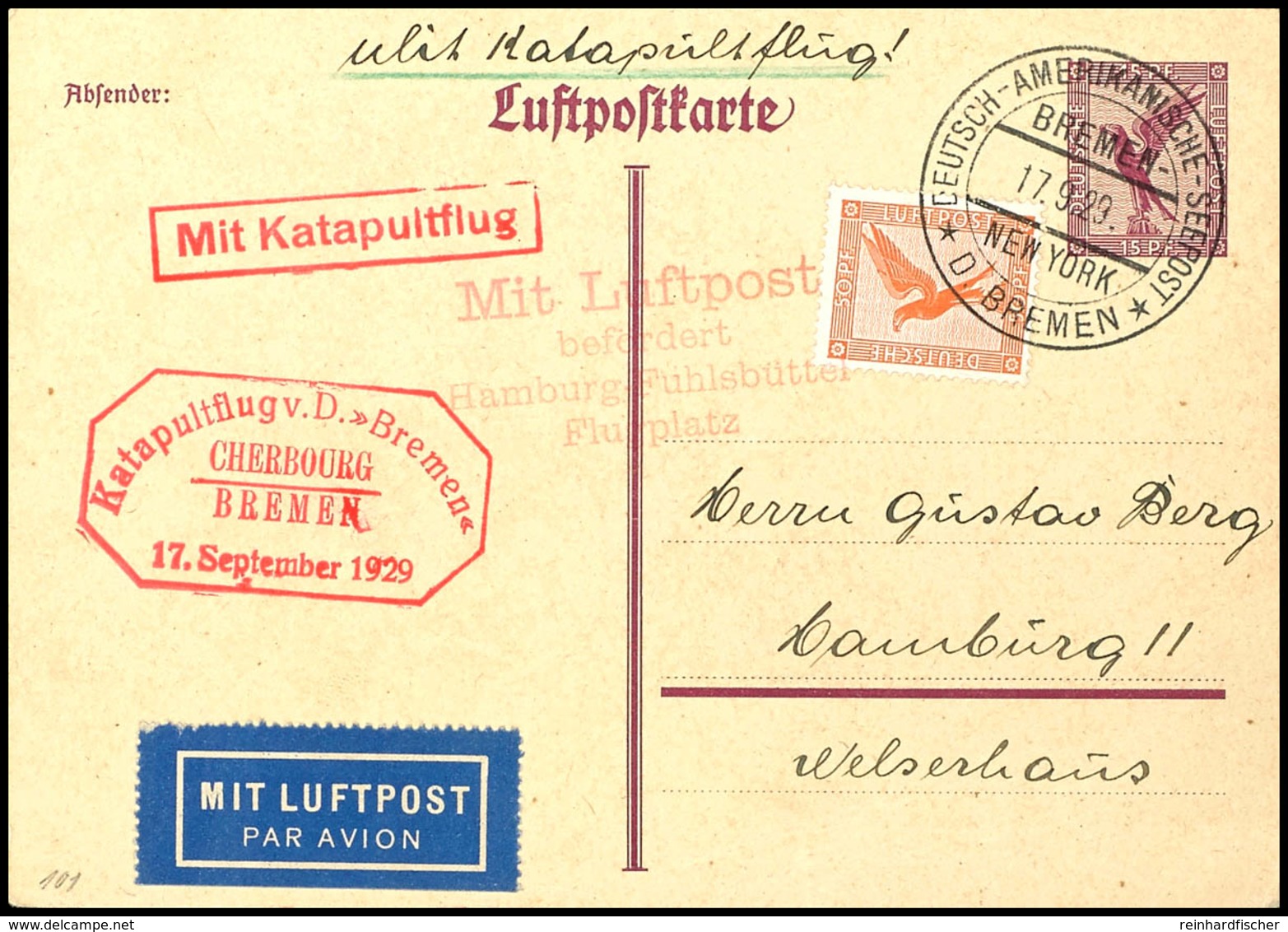 3165 1929, D. Bremen 28.9, Ganzsachen Mit Zufrankatur Und Dt. Seepostaufgabe Vom 17.9. Und Sonder-Cachet Nach Hamburg Mi - Sonstige & Ohne Zuordnung