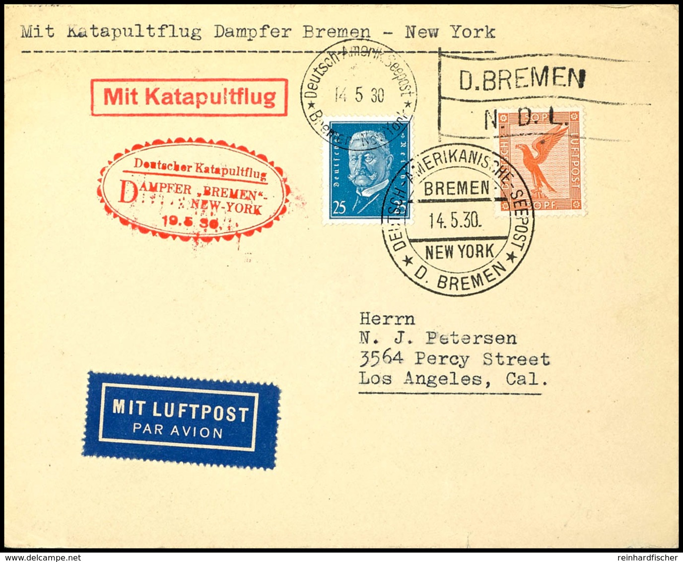 3166 1930, D. Bremen 19.5., Umschlag Mit Dt. Seepostaufgabe Vom 15.5. Und Sonder-Cachet In Die USA, Kleine Randspuren, S - Other & Unclassified