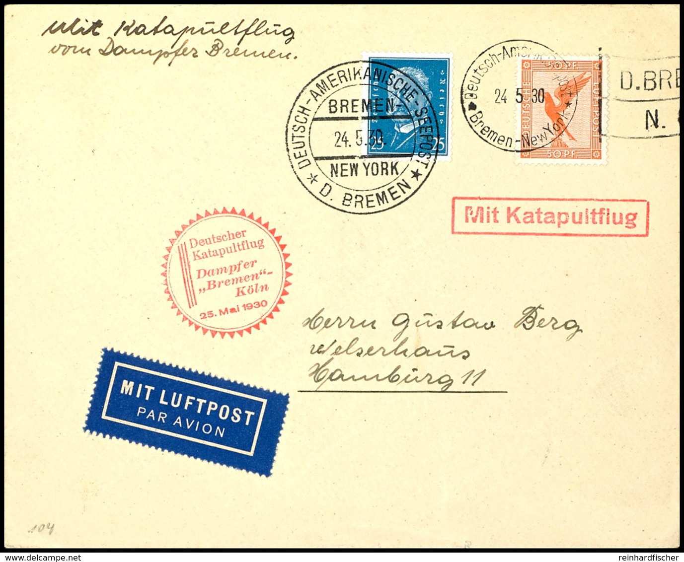 3167 1930, D. Bremen 25.5, Umschlag Mit Dt. Seepostaufgabe Vom 24.5. Und Sonder-Cachet Nach Hamburg, Pracht, Katalog: K2 - Other & Unclassified