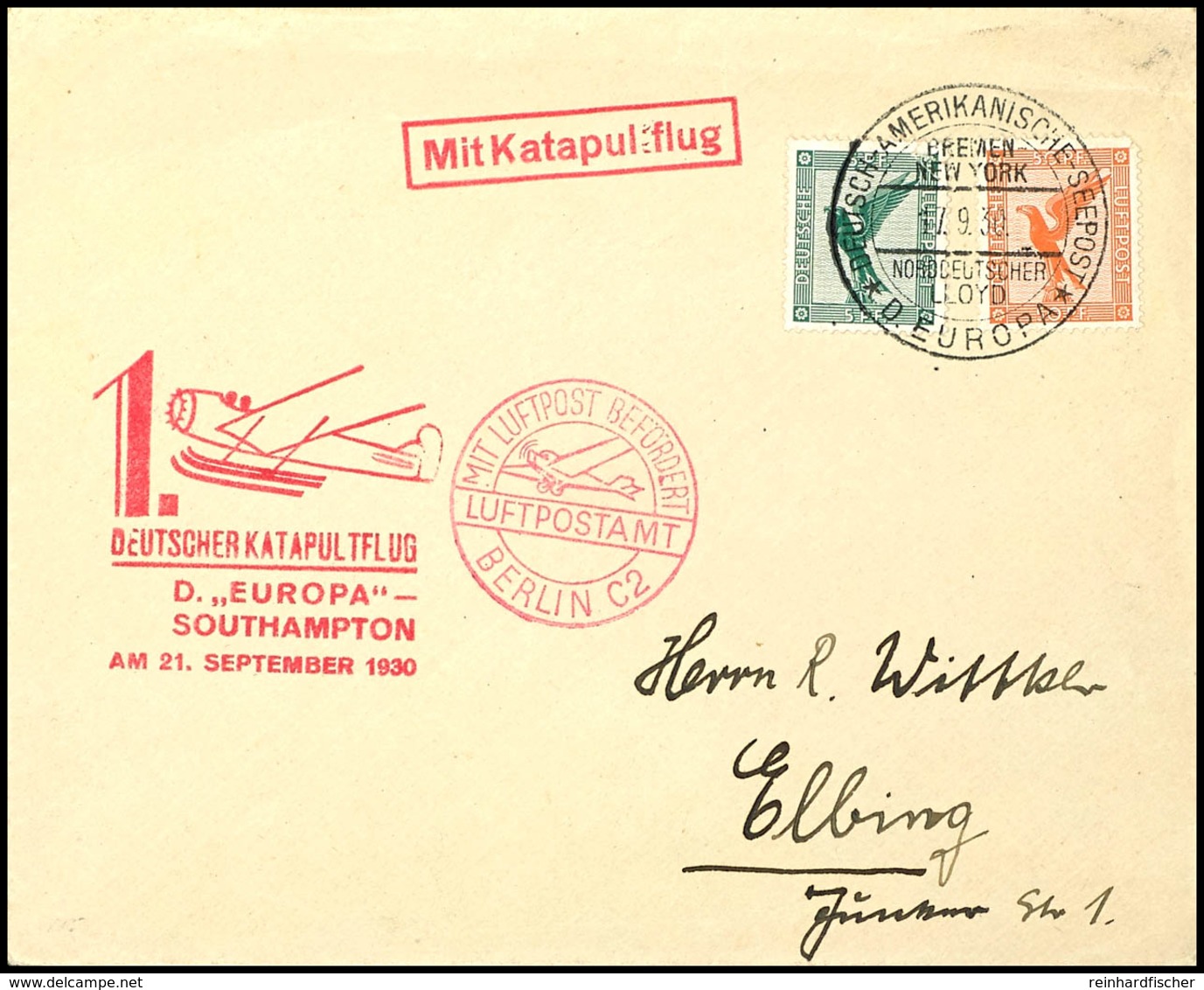 3175 1930 D. Europa 21.9, Umschlag Mit Dt. Seepostaufgabe Vom 17.9. Und Sonder-Cachet Via Berlin Mit Flugpost-Best.-Stem - Other & Unclassified