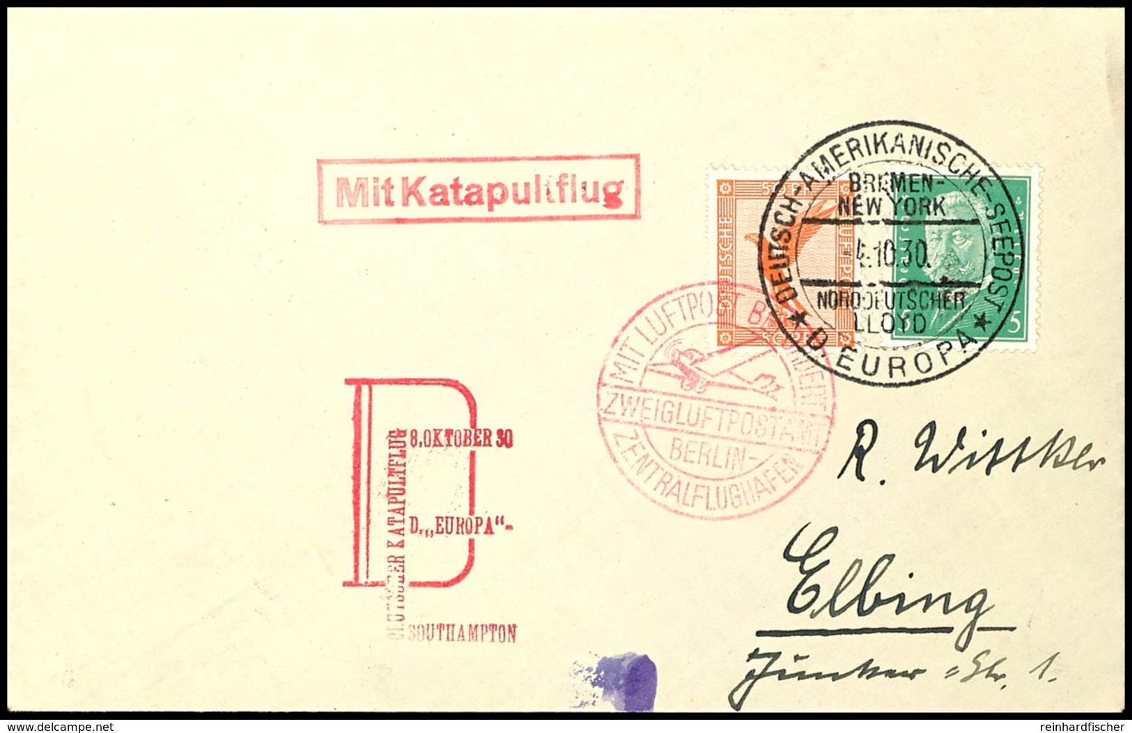 3177 1930, D. Europa 8.10., Umschlag Mit Dt. Seepostaufgabe Vom 4.10. Und Sonder-Cachet Via Berlin Mit Flugpost-Best.-St - Sonstige & Ohne Zuordnung