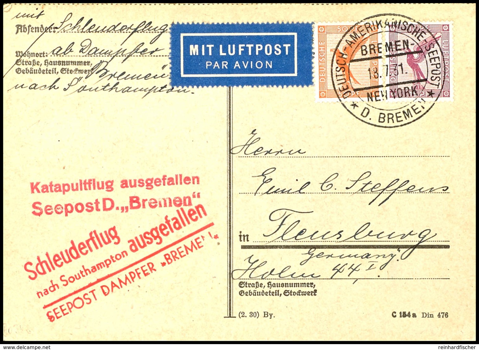 3181 1931, D. Bremen 18.7., Karte Mit Dt. Seepostaufgabe Und Beiden, Verschiedenen Ausfallstempeln In Rot, Adressiert Na - Andere & Zonder Classificatie