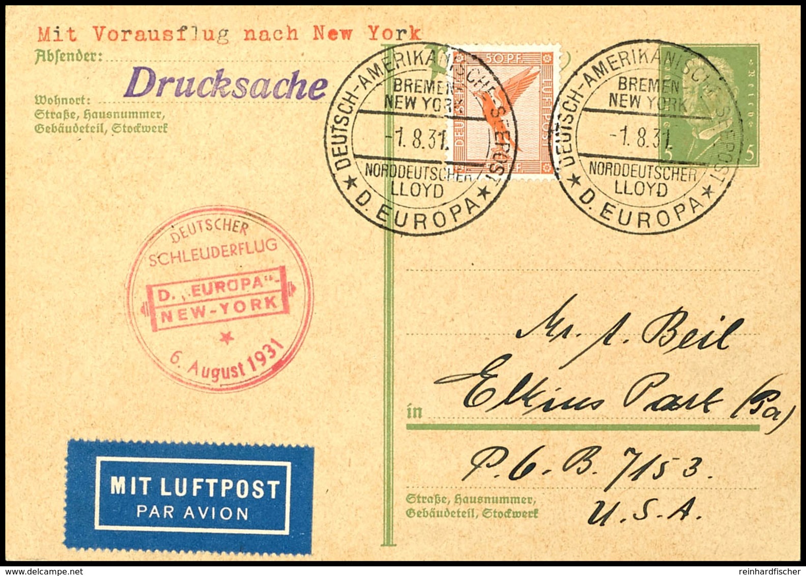 3183 1931, D. Europa 6.8, Ganzsache Mit Zufrankatur Und Dt. Seepostaufgabe Vom 1.8. Und Sonder-Cachet  In Die USA, Prach - Andere & Zonder Classificatie