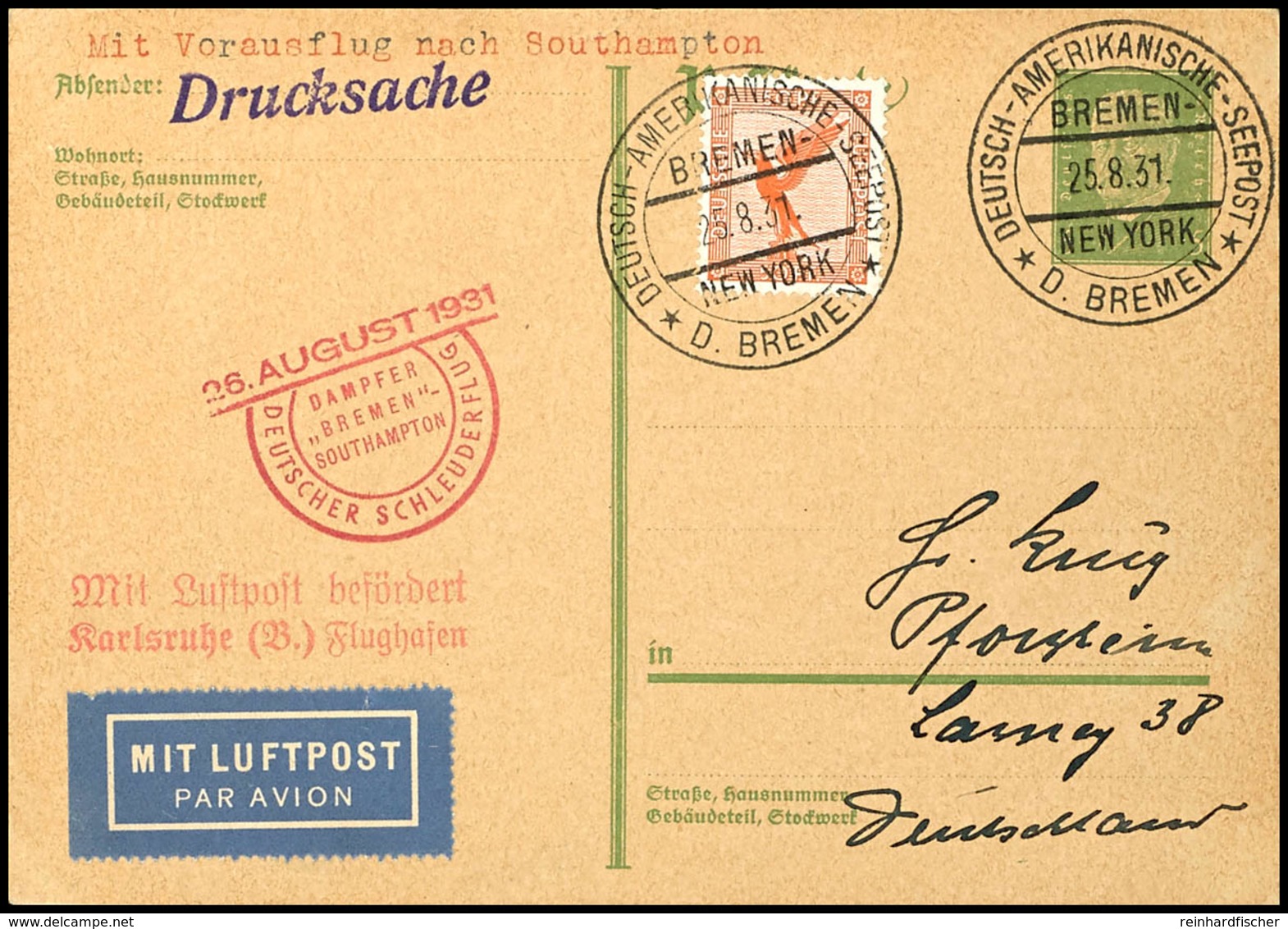 3185 1931, D. Bremen 26.8, Ganzsachen Mit Zufrankatur Und Dt. Seepostaufgabe Vom 25.8. Und Sonder-Cachet Nach Pforzheim  - Sonstige & Ohne Zuordnung