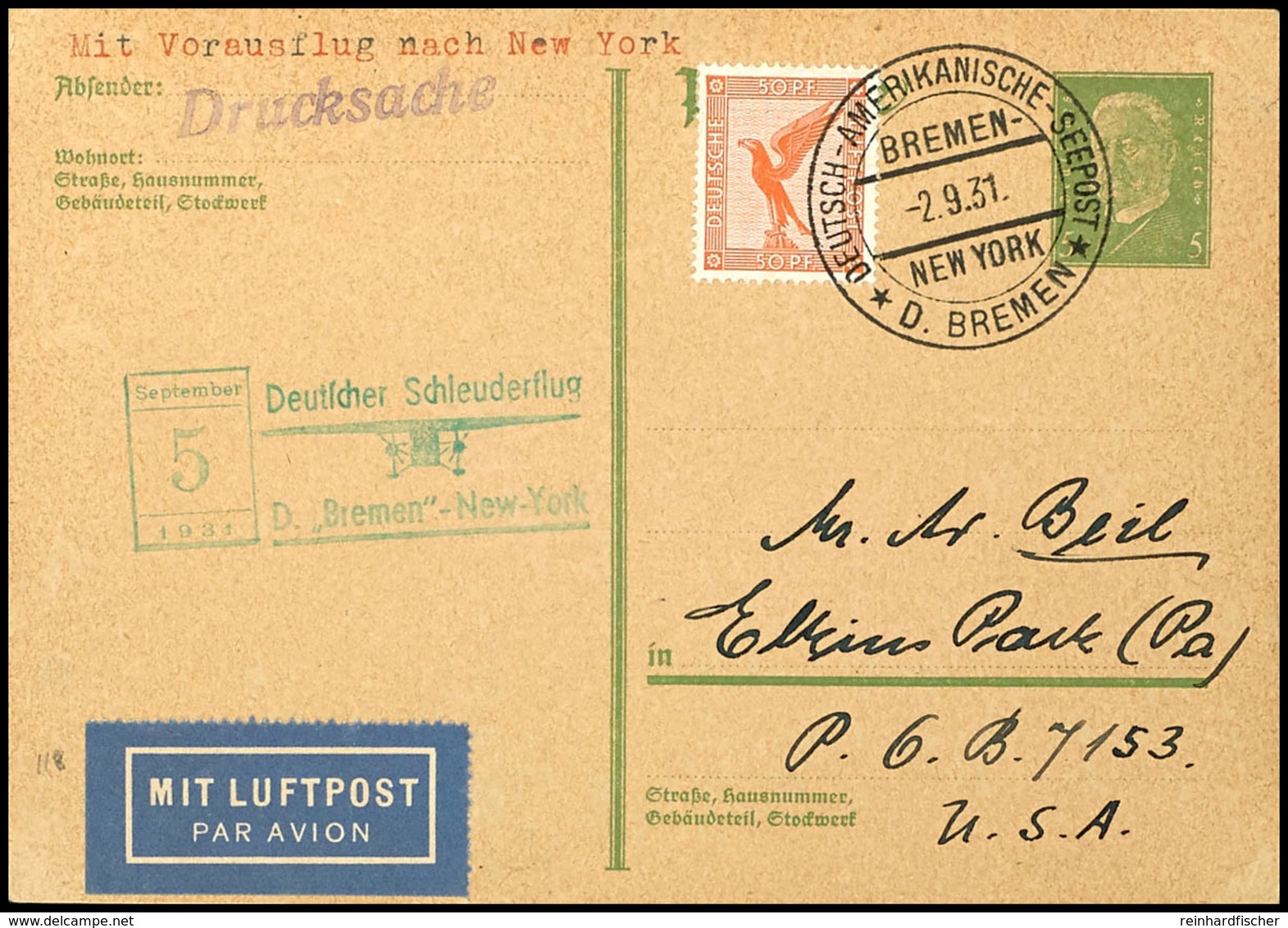 3187 1931, D. Bremen 5.9., Ganzsache Mit Zufrankatur Und Dt. Seepostaufgabe Vom 2.9. Und Sonder-Cachet In Die USA, Klein - Sonstige & Ohne Zuordnung
