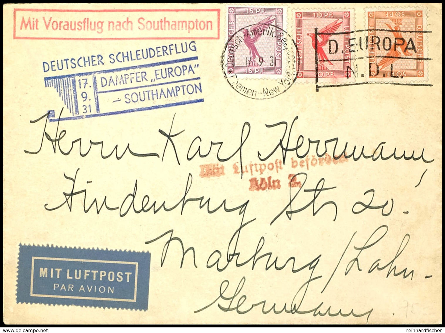 3188 1931, D. Europa 17.9, Umschlag Mit Dt. Seepostaufgabe Vom 17.9. Und Sonder-Cachet Via Köln Mit Flugpost-Best.-Stemp - Andere & Zonder Classificatie