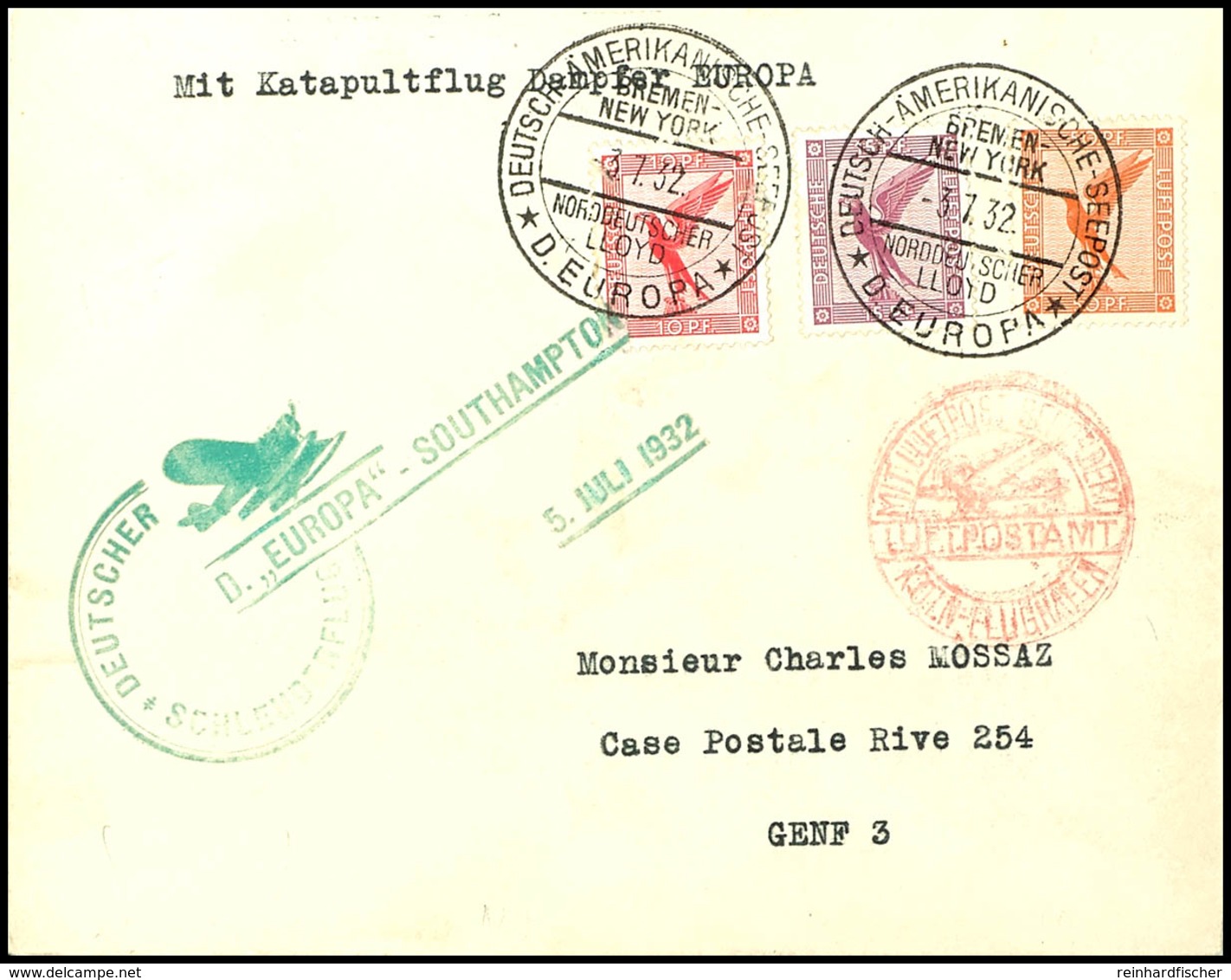 3190 1932, D. Europa 5.7, Umschlag Mit Dt. Seepostaufgabe Vom 3.7. Und Sonder-Cachet Nach Genf, Pracht, Katalog: K112c B - Andere & Zonder Classificatie