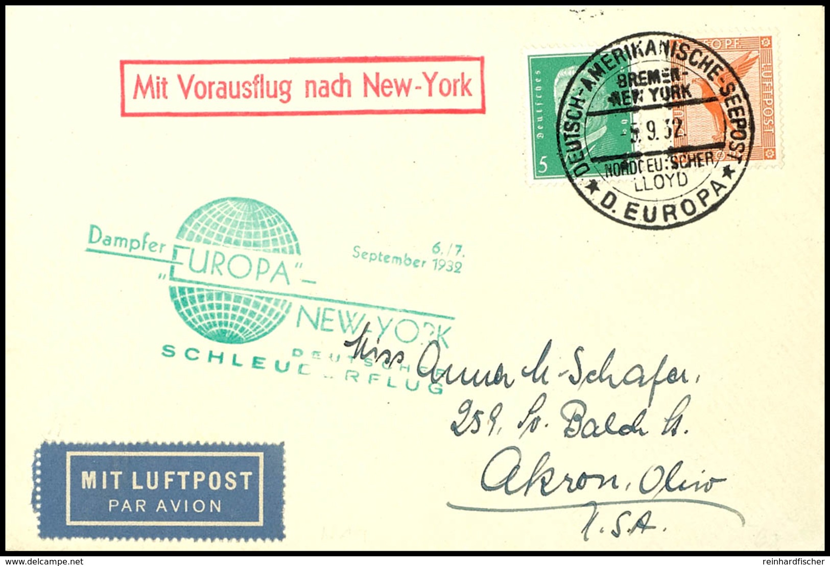 3192 1932, D. Europa 6/7.9, Umschlag Mit Dt. Seepostaufgabe Vom 5.7. Und Sonder-Cachet In Die USA, Pracht, Katalog: K127 - Sonstige & Ohne Zuordnung