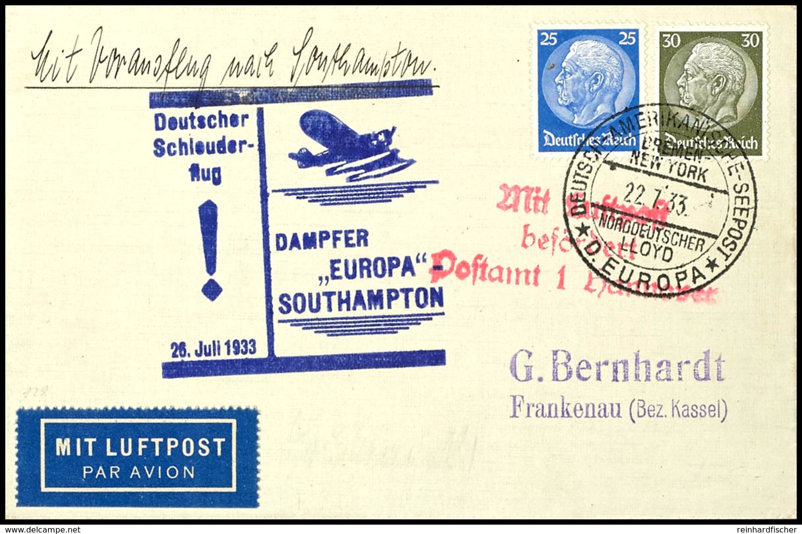 3193 1933, D. Europa 27.07, Umschlag Mit Dt. Seepostaufgabe Vom 22.7 Und Sonder-Cachet, Adressiert Nach Deutschland Mit  - Sonstige & Ohne Zuordnung