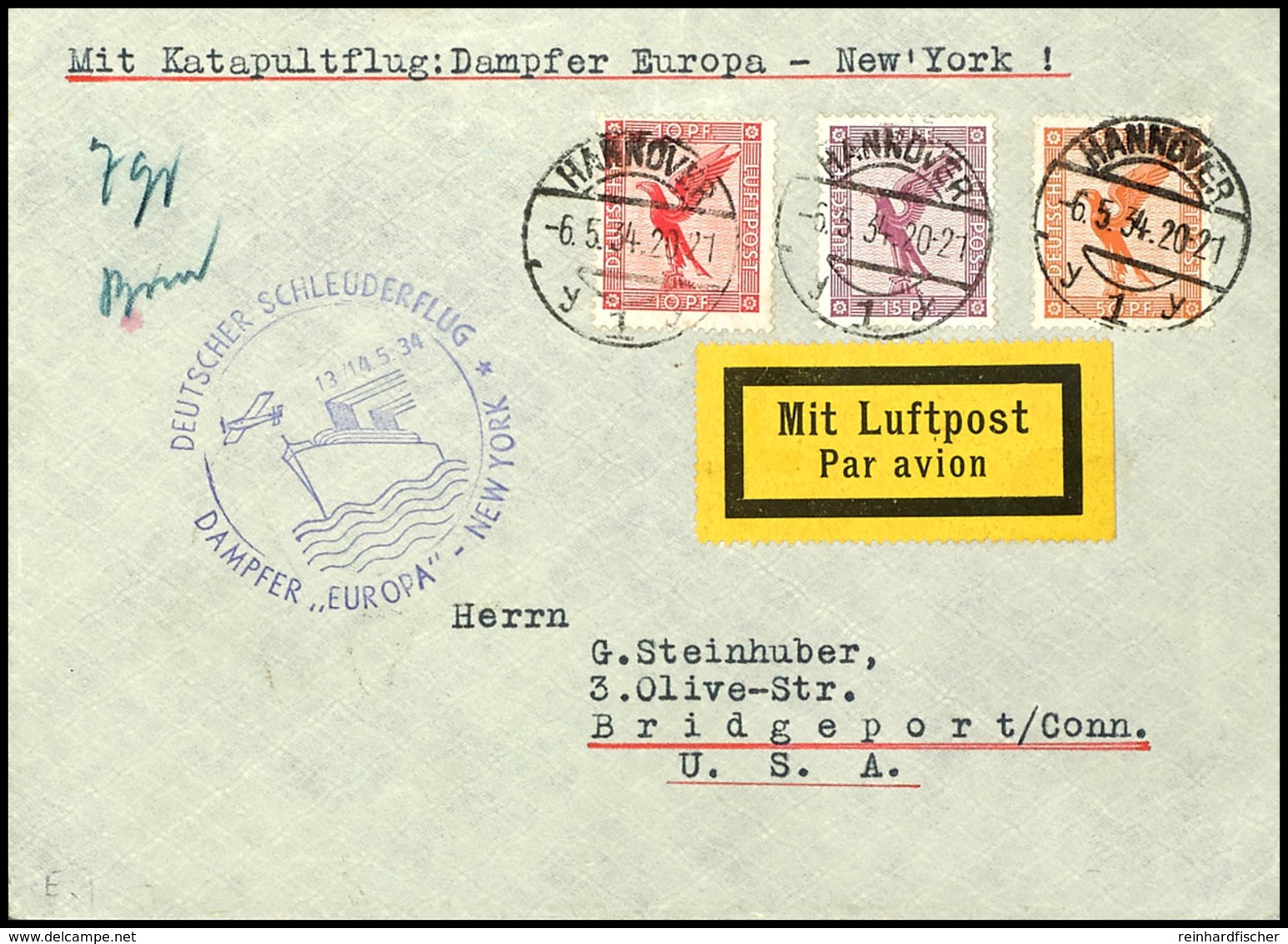 3194 1934, D. Europa 13/14.5, Brief Aus HANNOVER 6.5. Mit Sonder-Cachet In Die USA, Kleine Randspuren, Sonst Pracht, Kat - Sonstige & Ohne Zuordnung