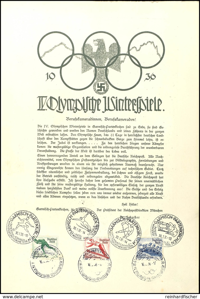 3203 1936, IV. Olympische Winterspiele - Garmisch - Partenkirchen, Großes Helfergedenkblatt Mit 7 SST Davon 4 Versch. Vo - Sonstige & Ohne Zuordnung