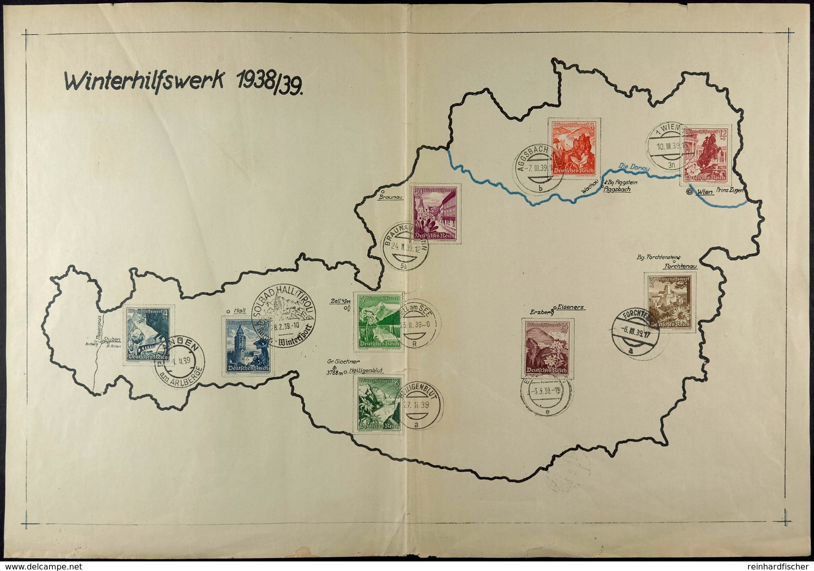 3217 1939, WHW -  Gedenkblatt 1938/39 Mit Abb. Einer Landkarte Sowie Den Jeweiligen Orts- Stempel. Das Blatt Ist Mittig  - Sonstige & Ohne Zuordnung