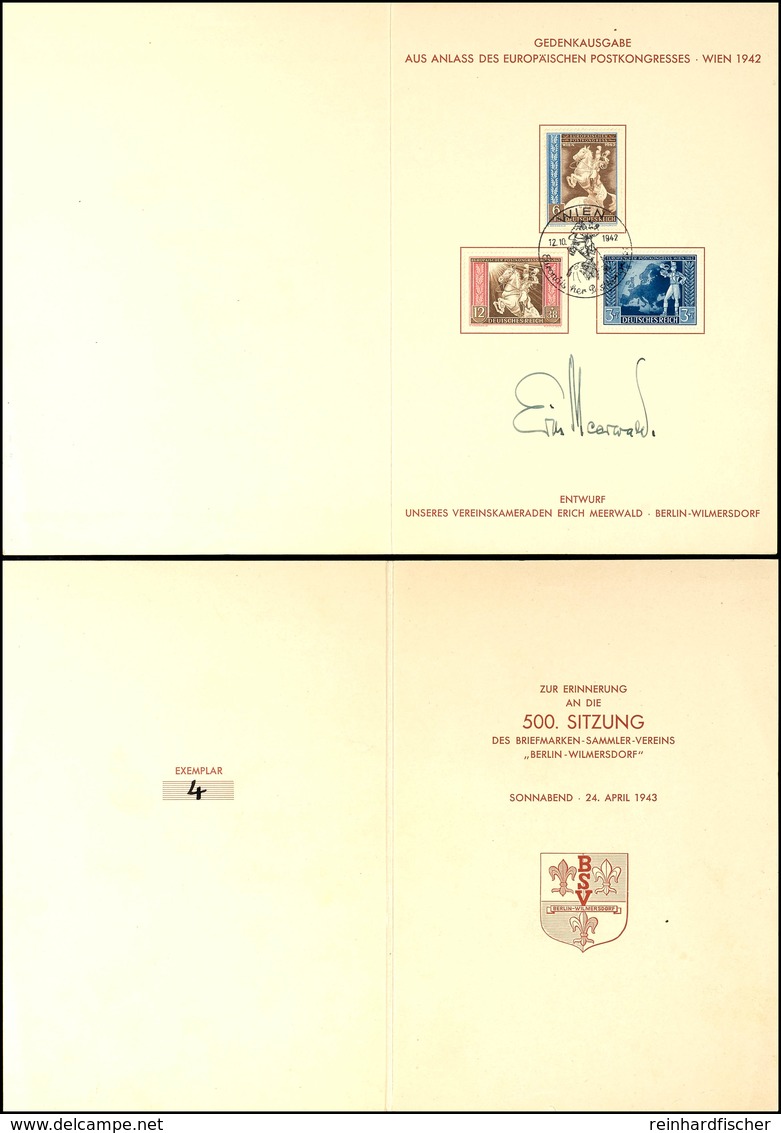 3224 1942, "Gedenkausgabe Aus Anlass Des Europäischer Postkongress...", Falt-Gedenkblatt Mit Pass. MiNr. 830/22 SST Wien - Andere & Zonder Classificatie