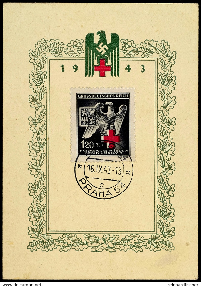 3225 B&M, 1943, Rotes Kreuz, Kleines Zweifarbiges Gedenkblatt Mit Grüner Umrandung U. Passender Marke, Tagesstempel "PRA - Andere & Zonder Classificatie