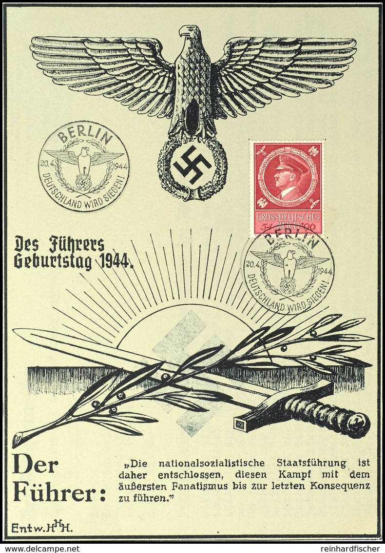 3229 1944, Des Führers Geburtstag, DIN A5 Gedenkblatt (Entwurf Hugo Hennemann) Pass. Frankiert Mit MiNr. 887 Und SST Ber - Andere & Zonder Classificatie