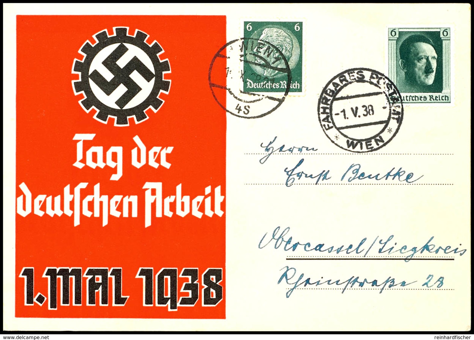 3233 1938, Tag Der Deutschen Arbeit 1. Mai, Zweifarbige Dekorative Gedenkkarte Mit 6 Pfg Hitler Entwertet Mit Stempel "F - Sonstige & Ohne Zuordnung