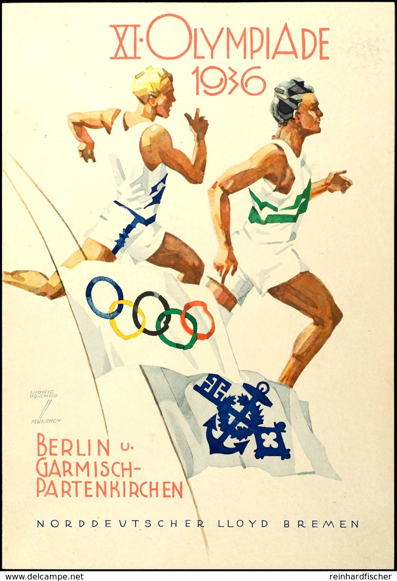 3235 1936, Großformatige Speisekarte "XI.Olympiade 1936" Des Dampfer Bremen Mit Zwei Läufern Und Den Olympischen Ringen, - Andere & Zonder Classificatie