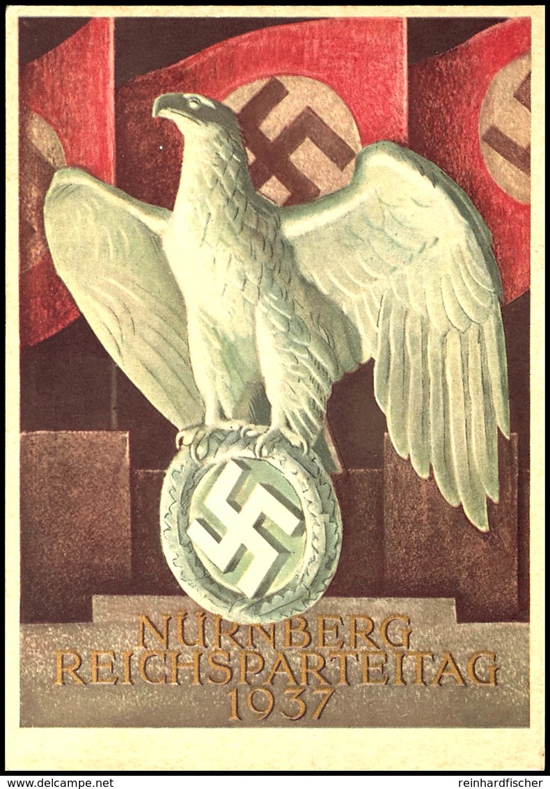 3250 1937, Reichsparteitag Nürnberg, Color-Festpostkarte Reichsadler Vor Fahnen, Mit Sonderstempel "NÜRNBERG REICHSPARTE - Andere & Zonder Classificatie