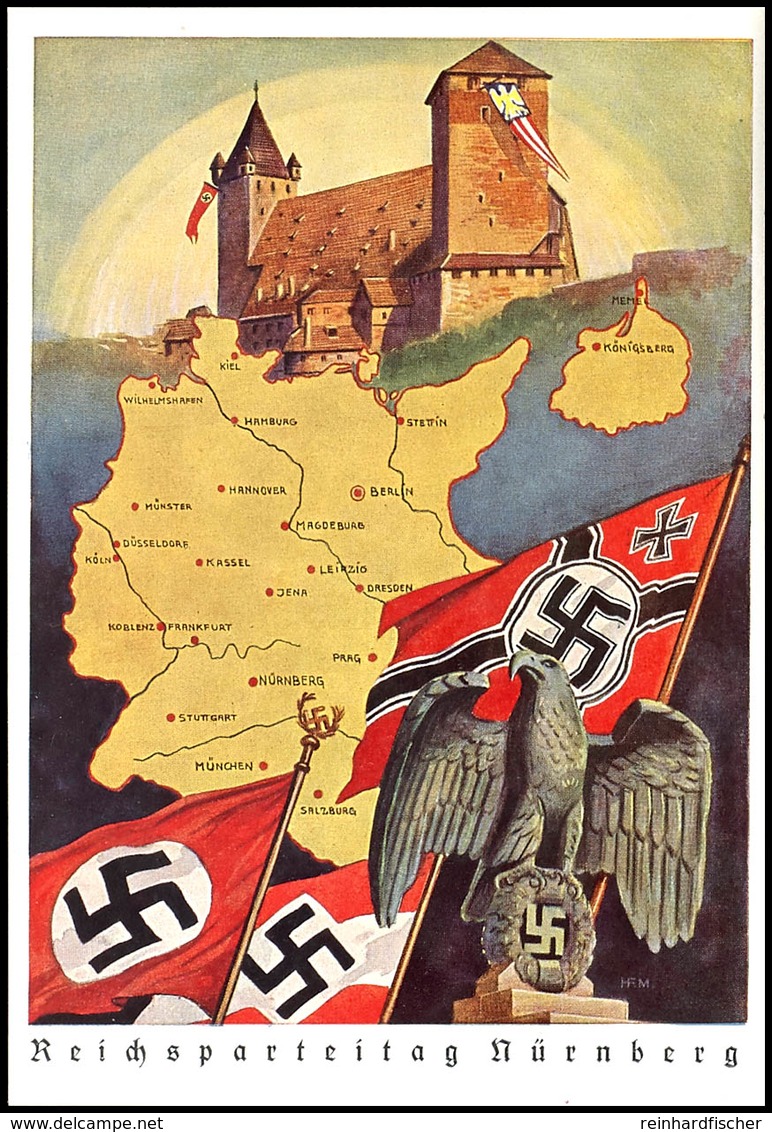 3255 1939 Reichsparteitag Nürnberg, Motiv "Reichsadler Vor Burg Und Landkarte Mit Fahnen", Color Prachtkarte Aus Andruck - Andere & Zonder Classificatie