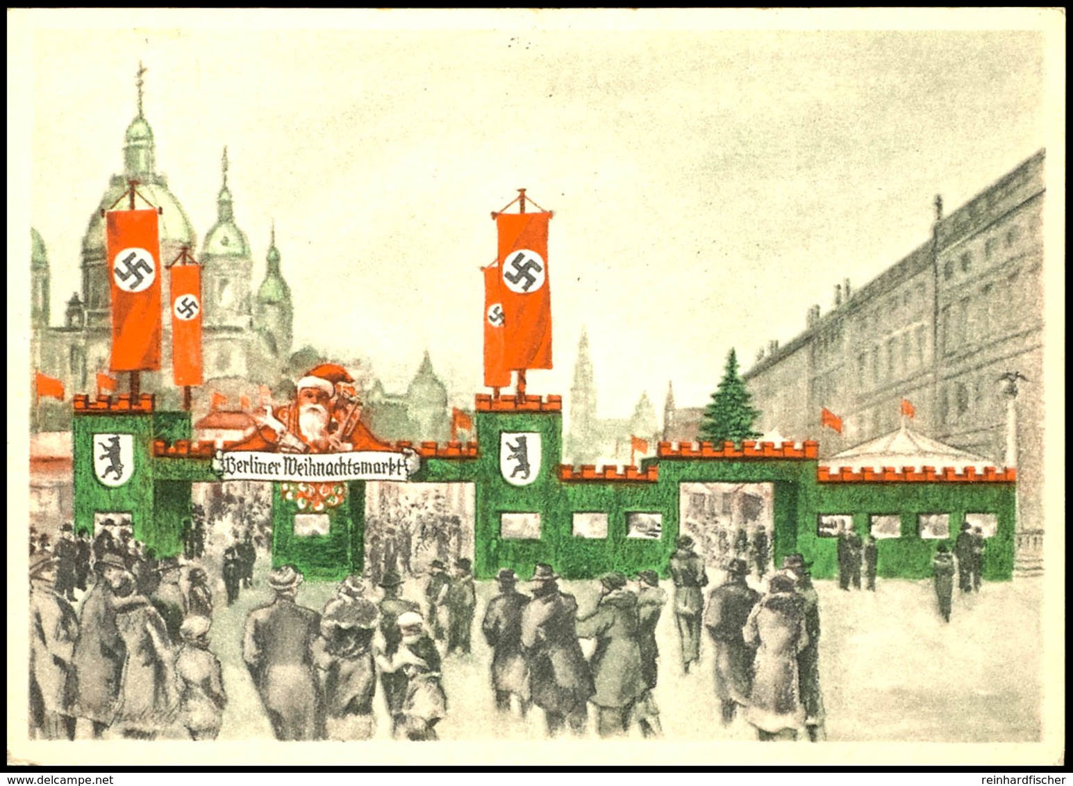 3264 1936, Berliner Weihnachtsmarkt Mit Ansicht Weihnachtsmann Und Diversen Hakenkreuzfahnen, Color-Karte Mit Passendem  - Sonstige & Ohne Zuordnung