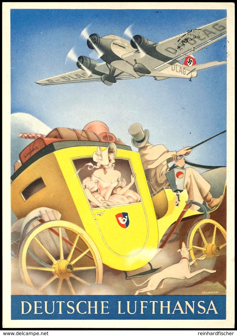 3281 1938, Deutsche Lufthansa, Color Werbekarte Mit Postkutsche Und Ju-52, Gelaufen Mit 6 Rpf Reichsparteitag Nach Köln, - Andere & Zonder Classificatie