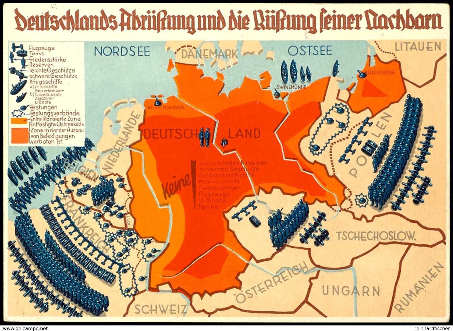 3291 Deutschlands Abrüstung Und Die Rüstung Seiner Nachbarn, Farbige Propagandakarte, Gelaufen Von Vorsfelde Nach Brauns - Other & Unclassified