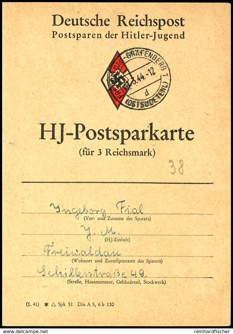 3294 1938, HJ-Postsparkarte (für 3 Reichsmark), Entwertet "Freiwaldau - Gräfenberg (Ostsudetenl.) 31.3.44", Verklebt Sin - Sonstige & Ohne Zuordnung