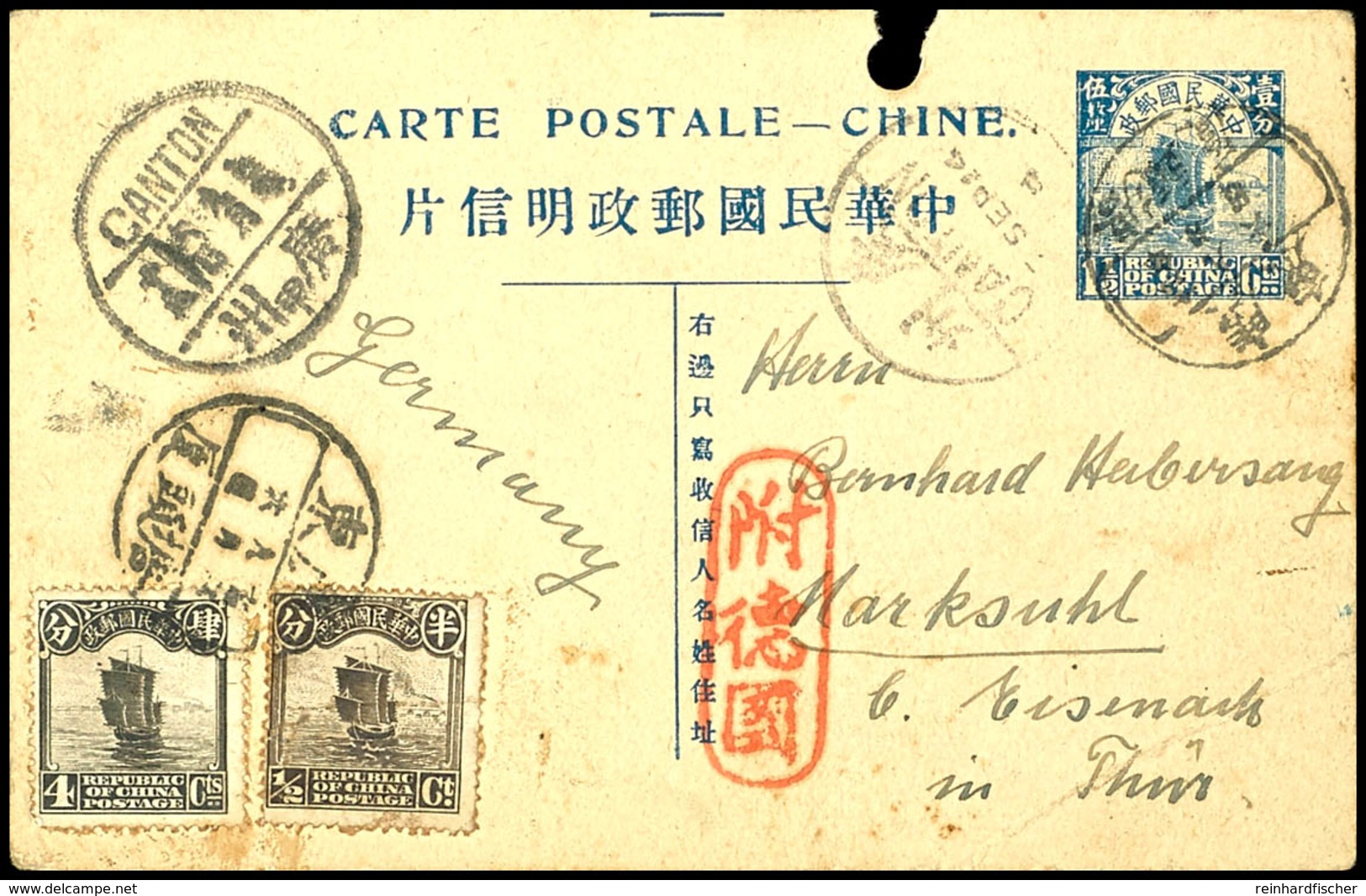 3338 1 1/2 Cts. Dschunke Ganzsachenkarte Mit 1/2 Und 4 C. Dschunke Auf Portkarte Von "CANTON 5 SEP 24" Nach Marksuhl, Ob - Deutsche Post In China