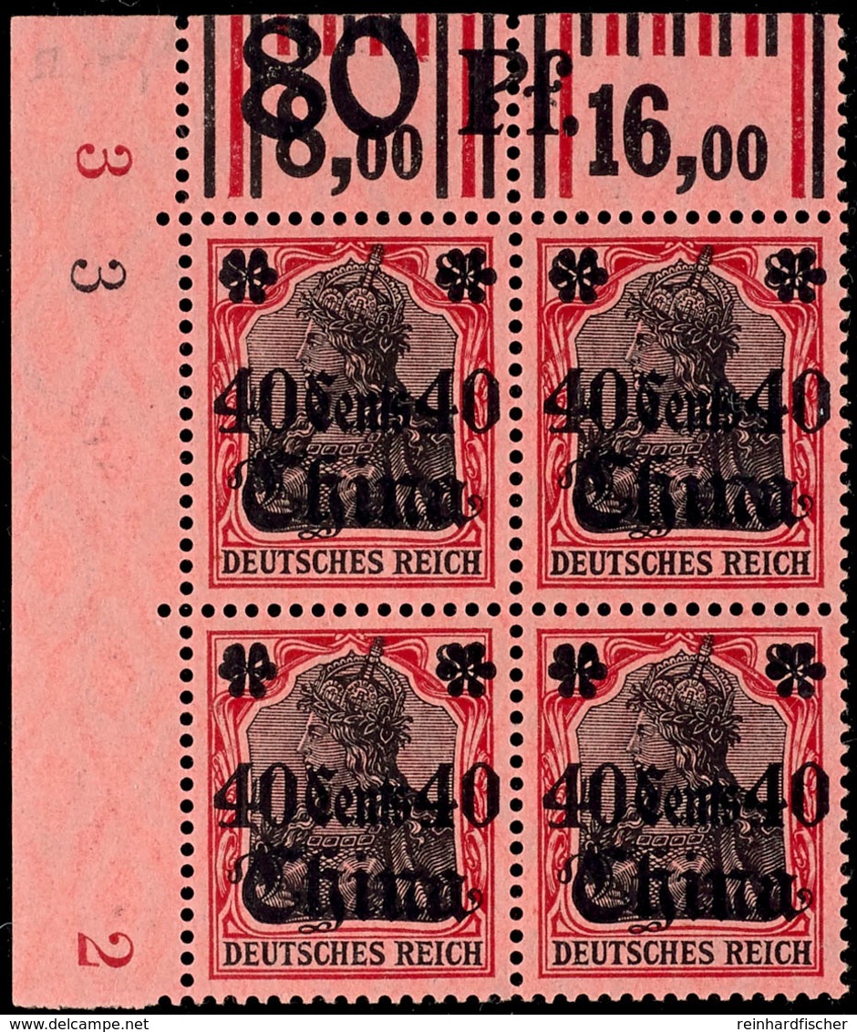 3370 40 Cent Auf 80 Pfg Deutsches Reich, Eckrandviererblock Oben Links, Im Oberrand Weitere Wertzahl "80 Pf", Tadellos P - China (kantoren)