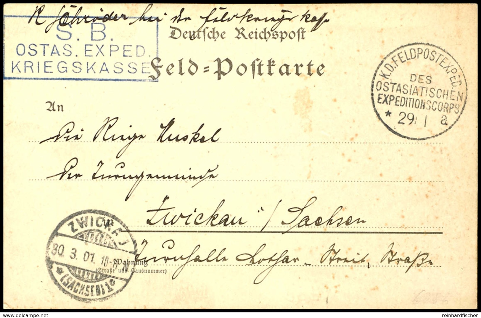 3379 K. D. FELDPOSTEXPEDITION DES OSTASIATISCHEN EXPEDITIONSCORPS 29/1" (1901) Auf Feldpostkarte Nach Zwickau Adressiert - China (offices)