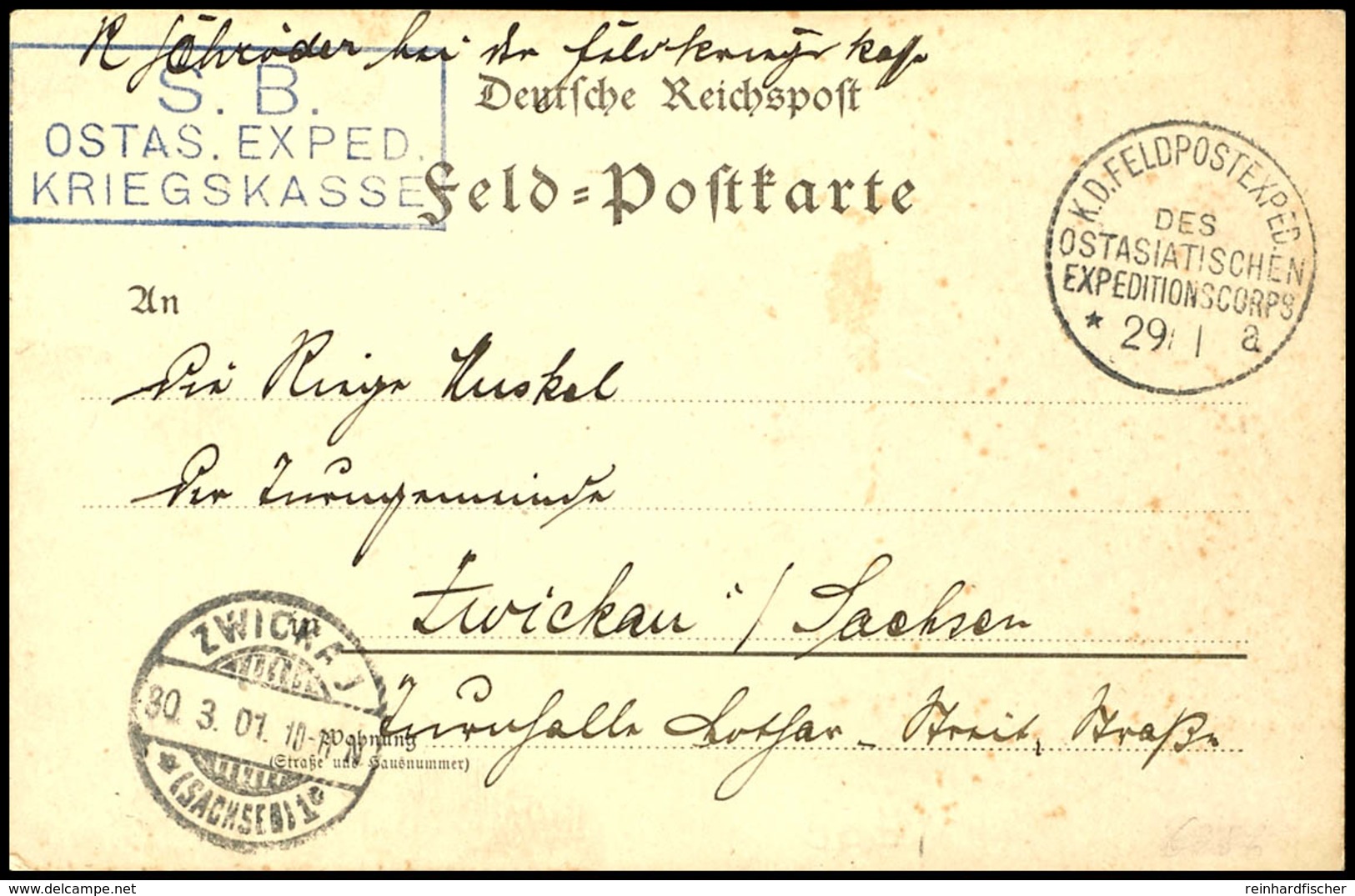 3379 K. D. FELDPOSTEXPEDITION DES OSTASIATISCHEN EXPEDITIONSCORPS 29/1" (1901) Auf Feldpostkarte Nach Zwickau Adressiert - Deutsche Post In China
