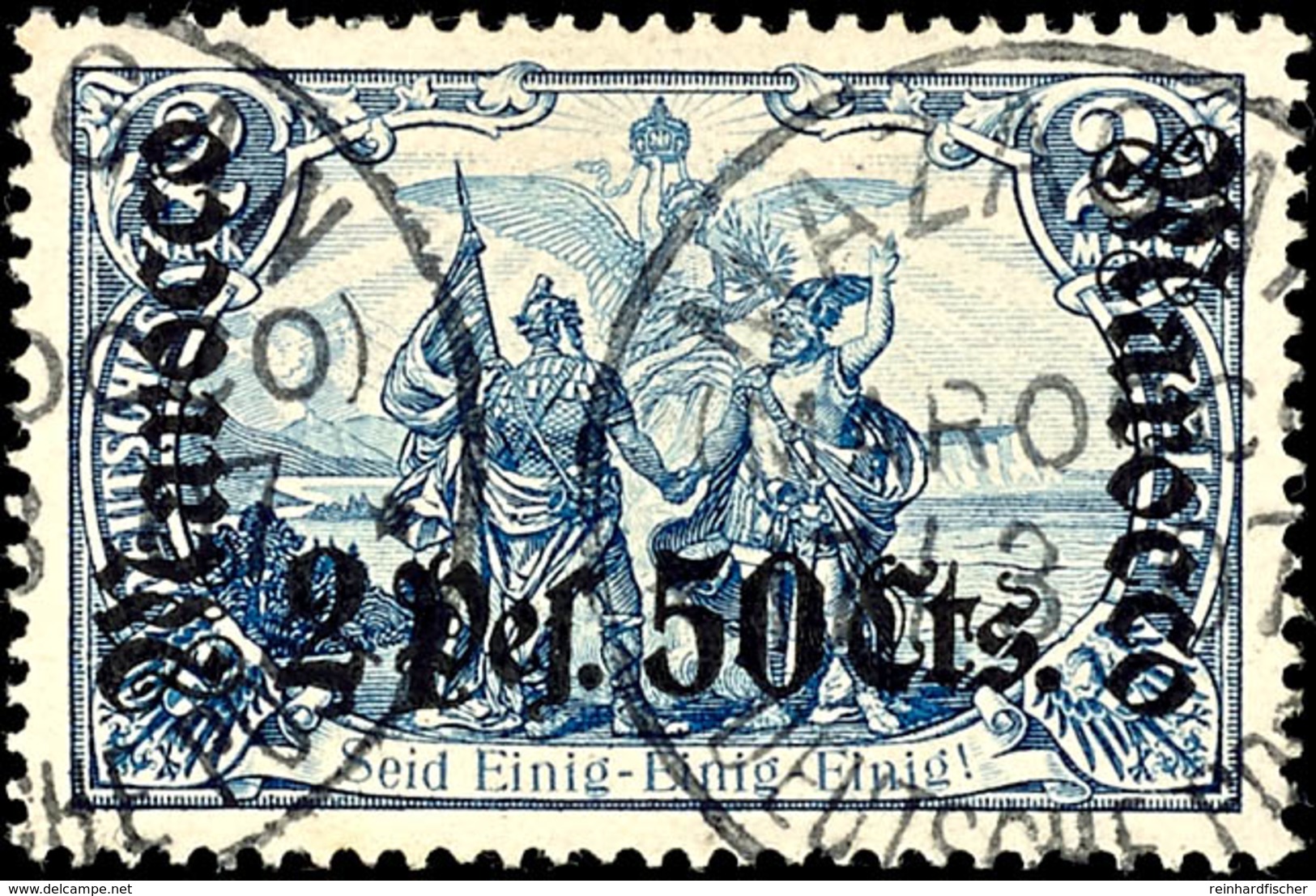 3399 2,50 P. Auf 2 M. Schwärzlichblau, Tadellos, Gest., Mi. 180.-, Katalog: 31A O - Deutsche Post In Marokko