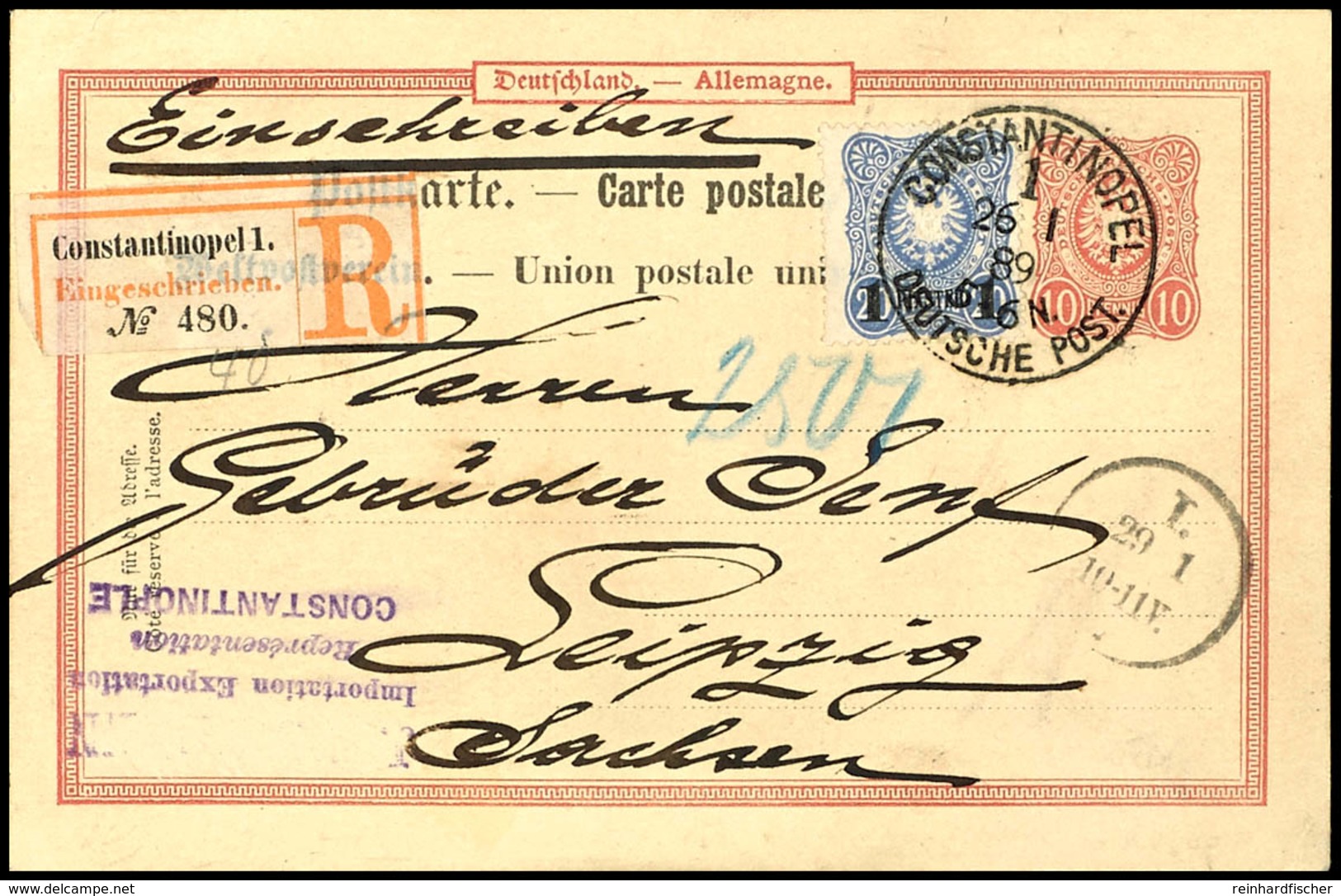 3492 10 Pfg Ganzsachenkarte Mit 1 Pia. Auf 20 Pfg Als Portogerechte R-Postkarte Von "CONSTANTNOPEL 1 26 1 89" Nach Leipz - Turkey (offices)