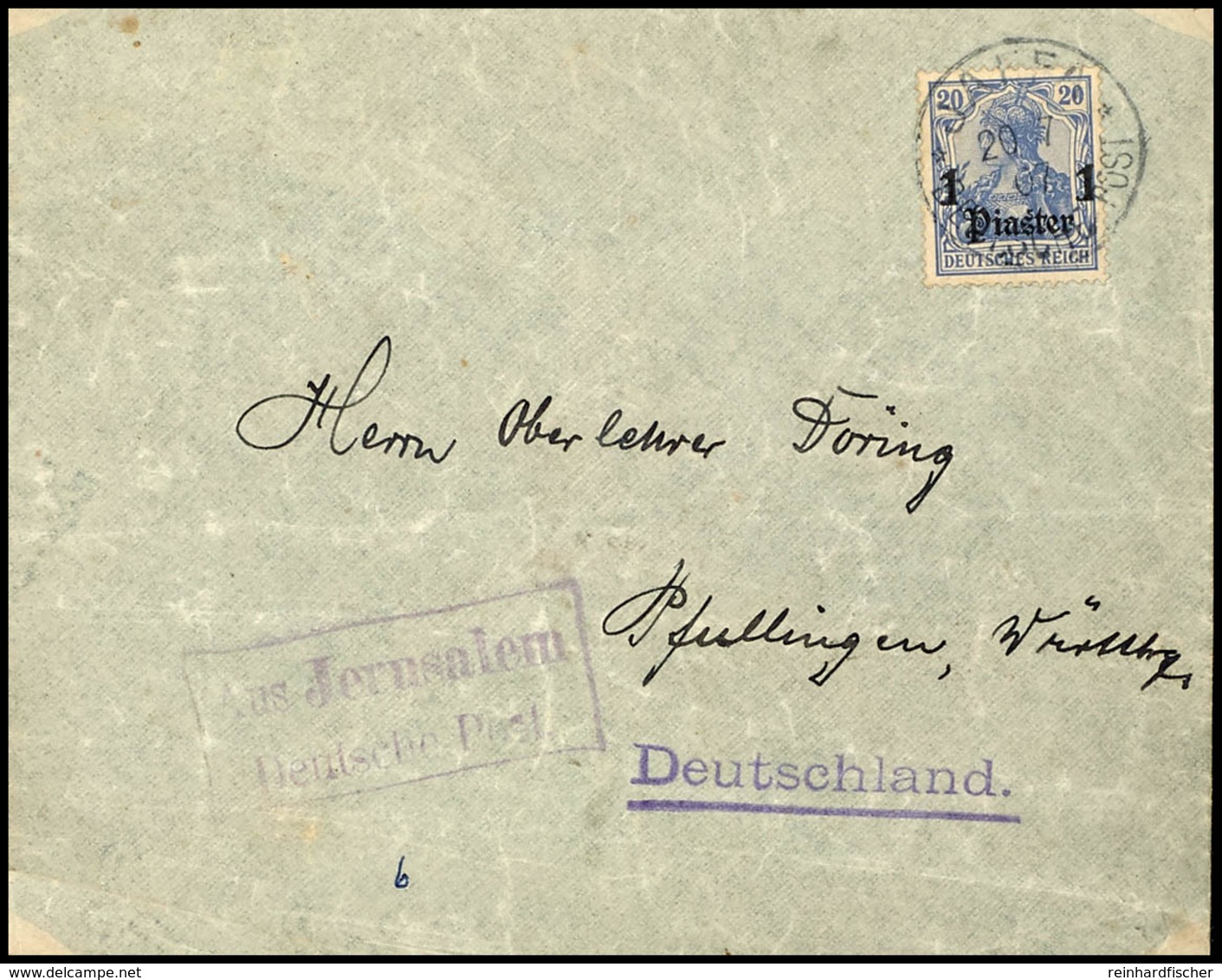 3494 AUS JERUSALEM / DEUTSCHE POST, Ra2 Als Besserer Nebenstempel Auf Brief Mit 1 Pia. Auf 20 Pfg Germania Mit Wz. Von " - Turkse Rijk (kantoren)