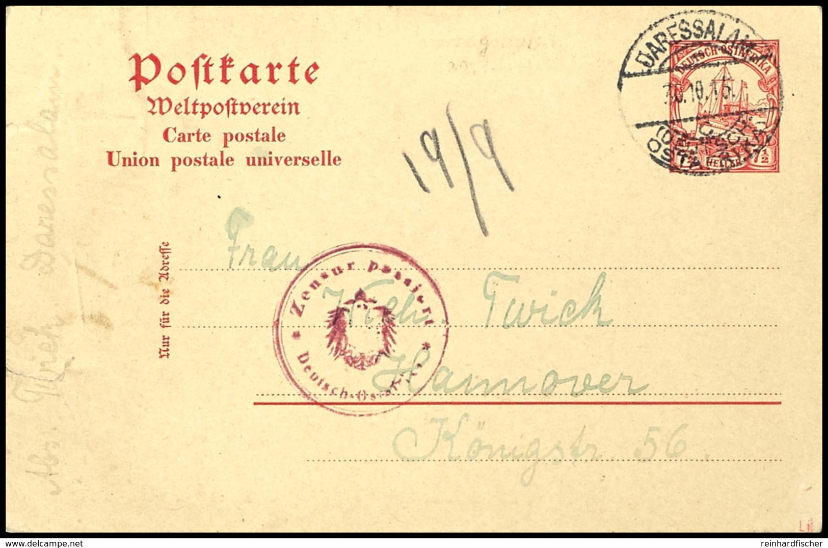 3560 7 1/2 H. Ganzsachenkarte Bedarfsgebraucht Aus DARESSALAM DOA C 30.10.15 Mit Rotem Zensurstempel "Zensur Passiert DO - German East Africa