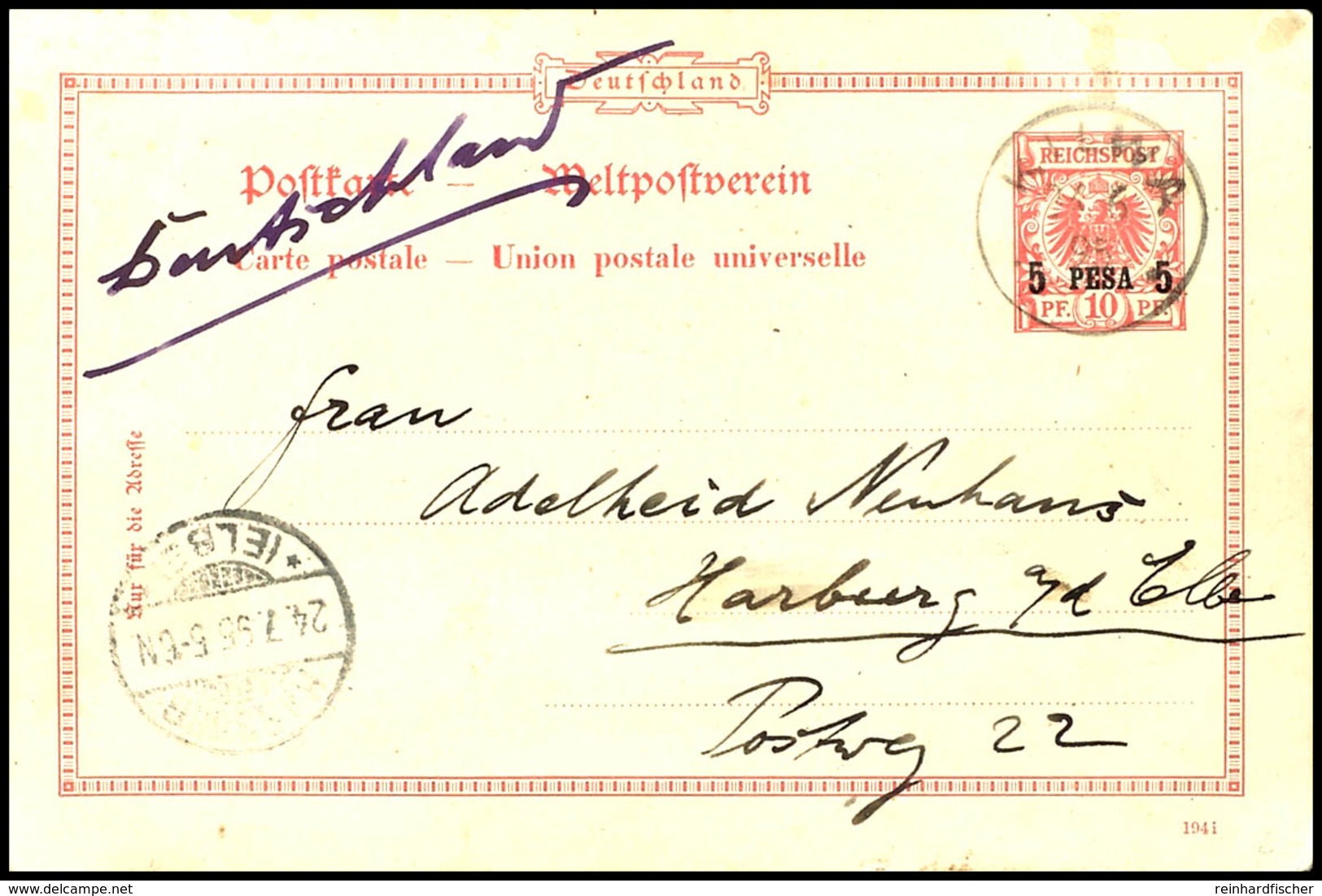 3561 5 Pesa Auf 10 Pfg. Ganzsachenkarte Bedarfsgebraucht Aus KILWA 24.6.95 Nach Harburg Mit Ankunftsstempel, Pracht, Kat - German East Africa