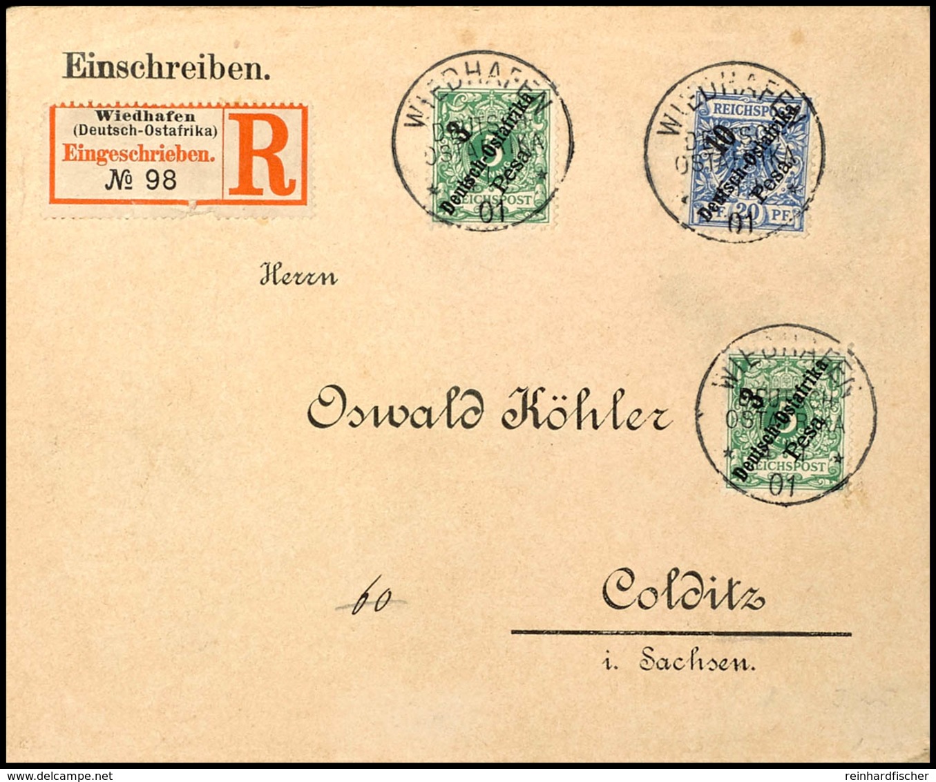 3574 WIEDHAFEN 4/1 01; Ja Klar Und Zentr. Portorichtigem R-Brief Mit  3 Pesa (2) Und 10 Pesa Krone/Adler Nach Colditz Mi - Afrique Orientale