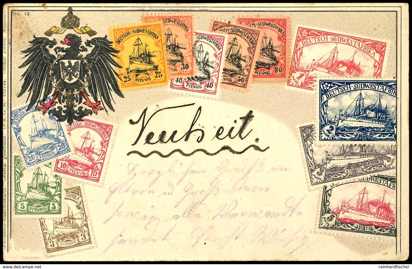 3612 1906, Bildpostkarte "Die Briefmarken Von Deutsch-Südwestafrika" Im Prägedruck, Unfrankiert Gelaufen Von "WINDHUK A  - Deutsch-Südwestafrika