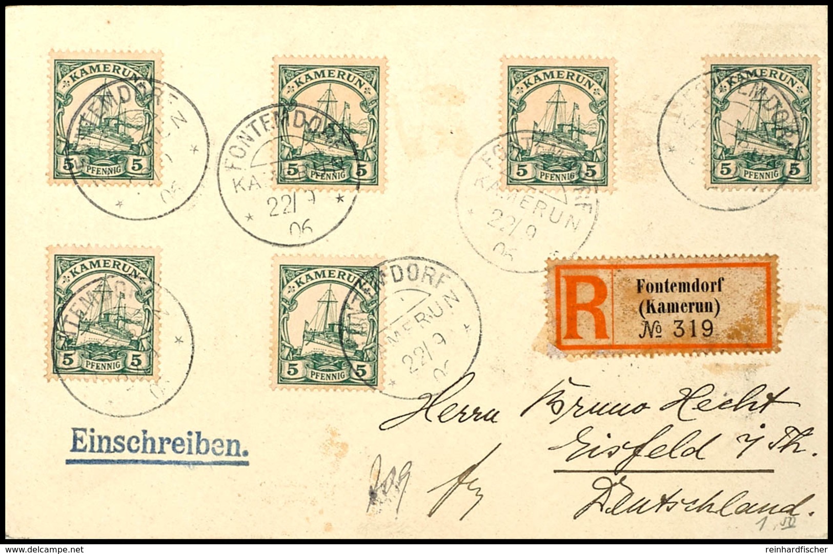 3636 FONTEMDORF 22/9 06, Je Klar Auf Portorichtigem R-Brief (R-Zettel Fleckig) Mit 6mal  5 Pfg Kaiseryacht Nach Eisfeld  - Kamerun