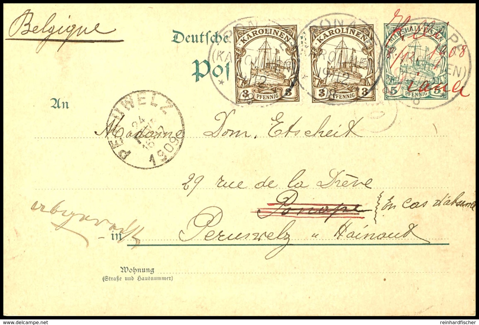 3741 5 Pfg Ganzsache Als Atollpost-Karte Mit Viel Text Mit Handschriftlicher Aufgabe "Killi / Diana 8/12 1908" Nach Pona - Marshall Islands