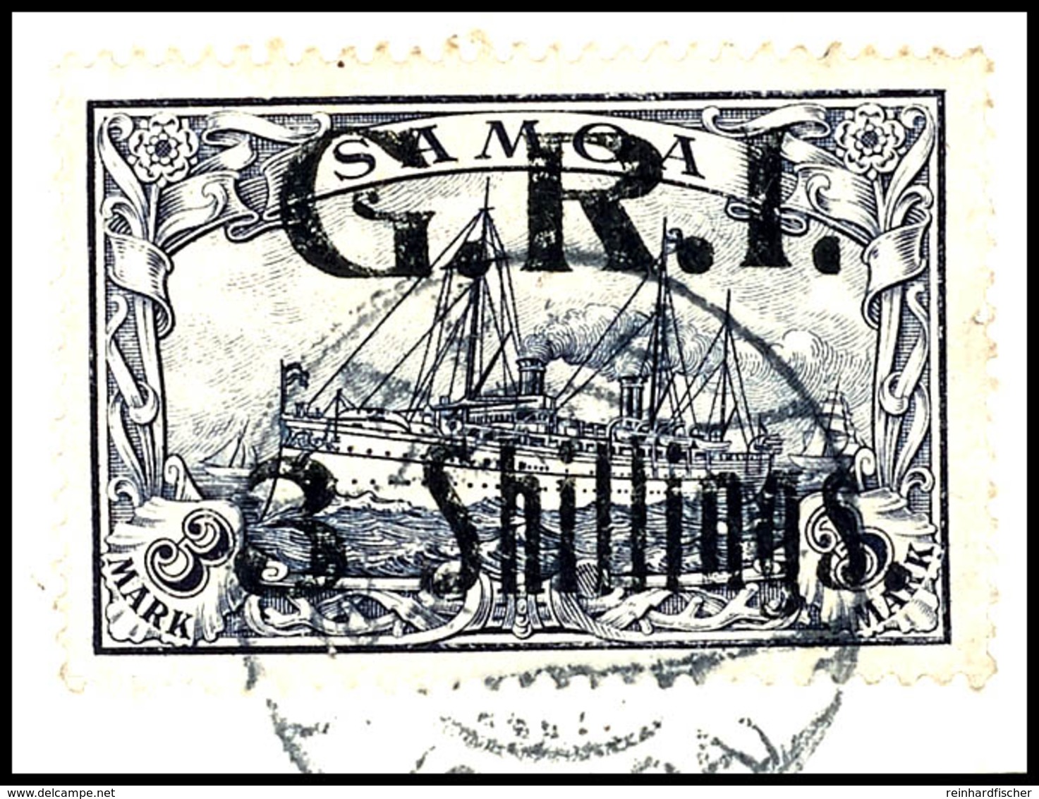 3761 3 Schillings G. R. I. Auf 3 Mark Kaiseryacht, Aufdruckfehler I "Punkt Hinter I Von GRI Abgeschliffen"; Tadellos Ges - Samoa